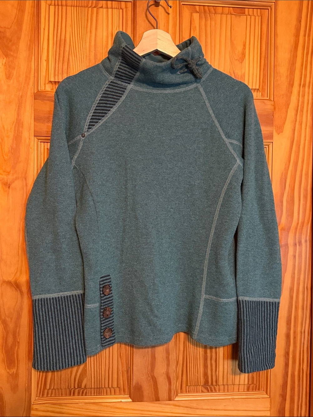Prana Teal-Green Cowl Neck Sweater with Striped Accents- Wool Blend